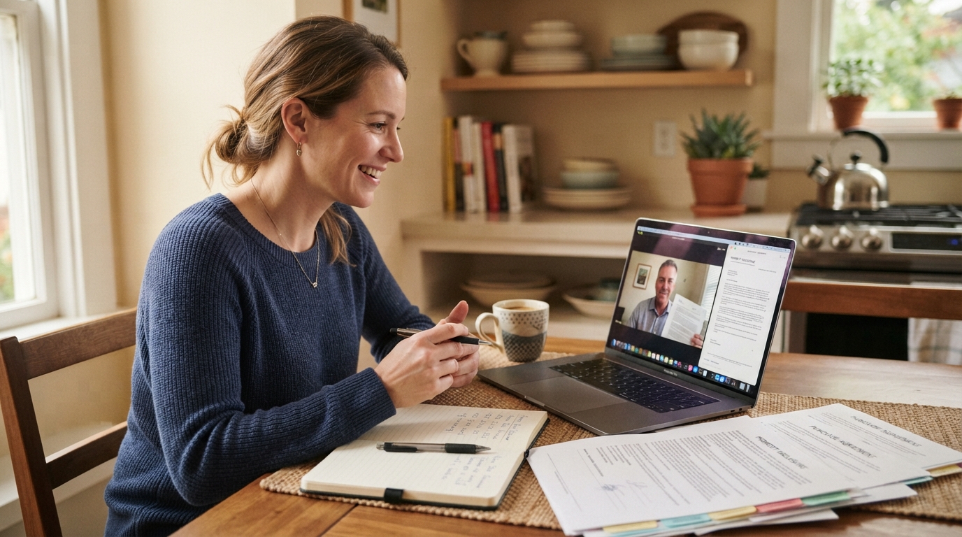 Adult child on a video call reviewing home documents with a Realtor