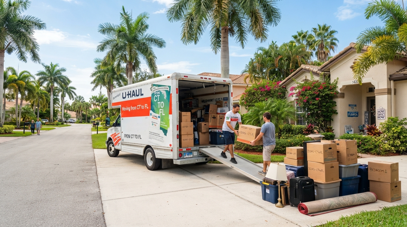 Moving truck in a sunny Florida neighborhood