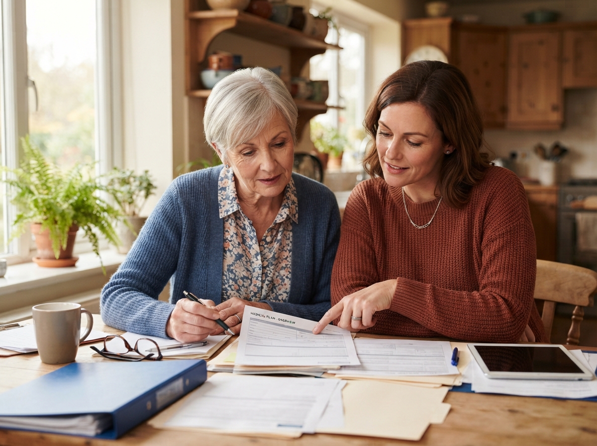 Adult child helping aging parent review home transition paperwork