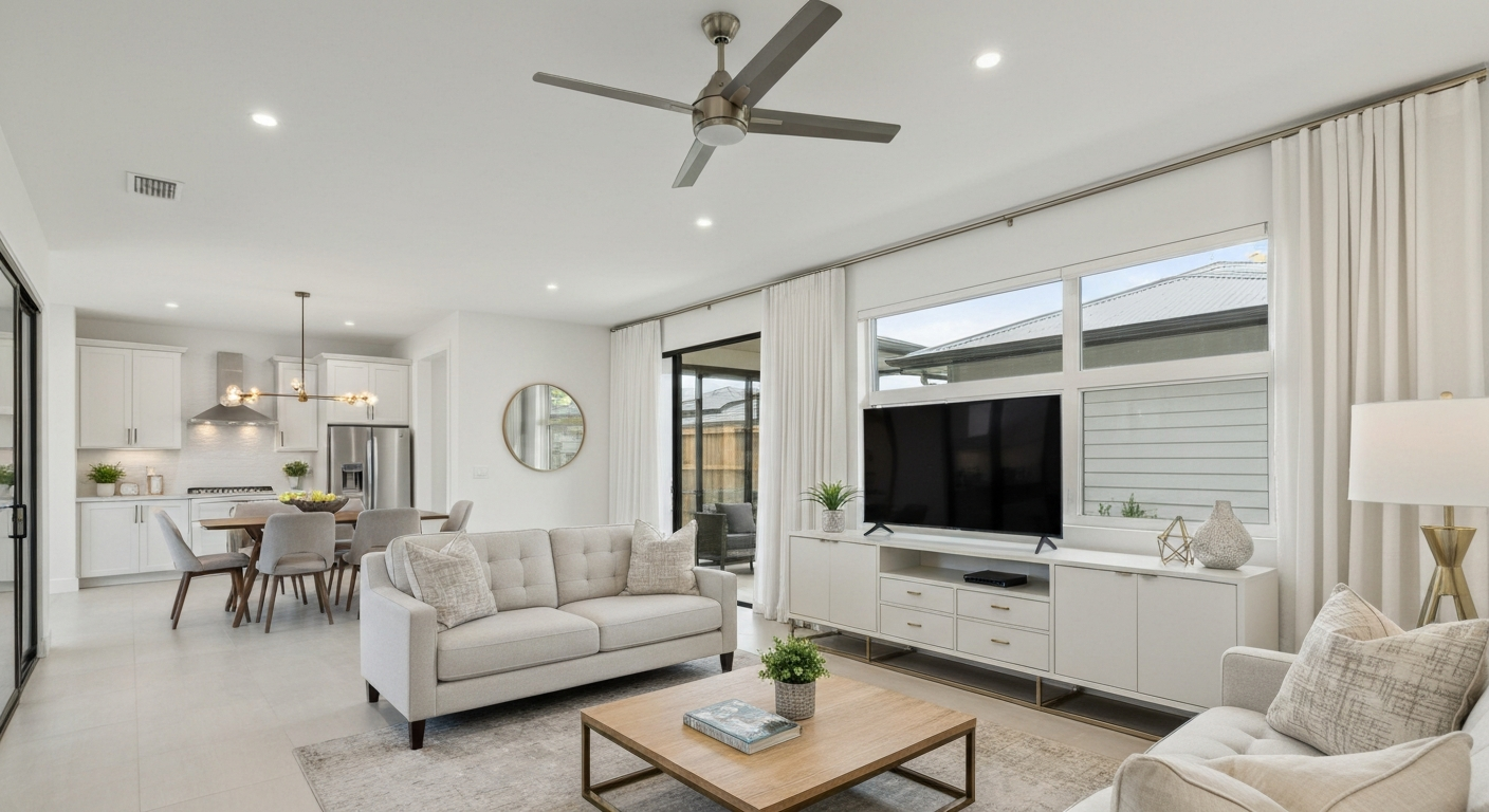 Bright, professionally staged living room showcasing fresh marketing presentation