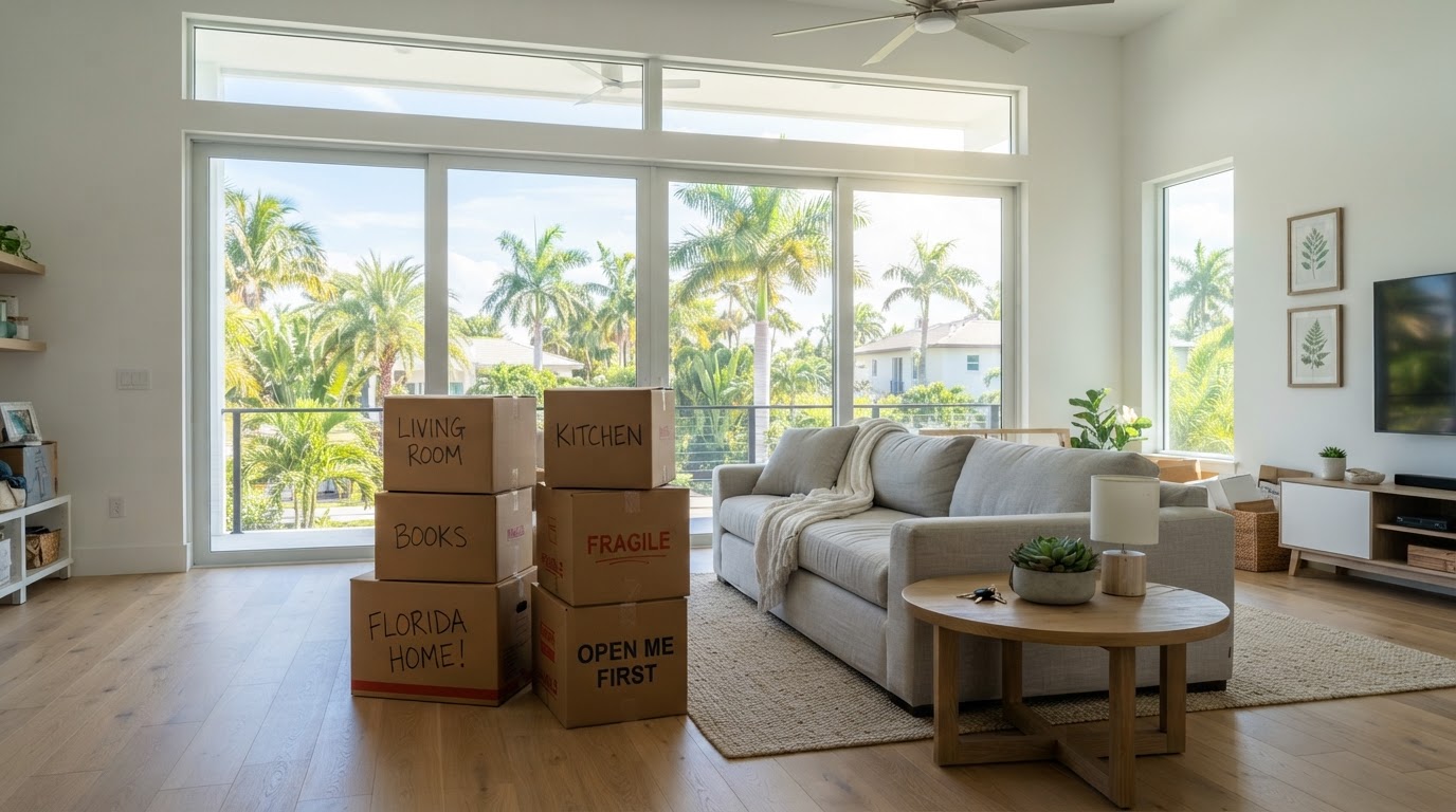 Bright modern Florida living room with boxes
