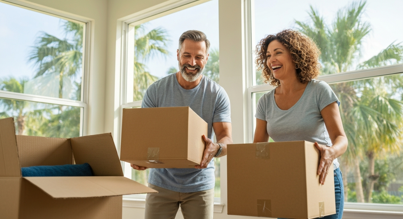 Happy active adult couple unpacking boxes in a bright, sunny Florida home