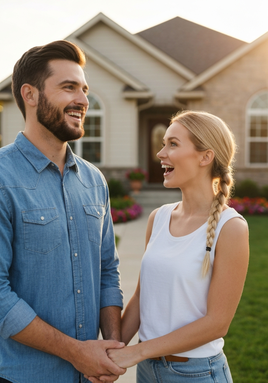 Happy young couple in front of their new home