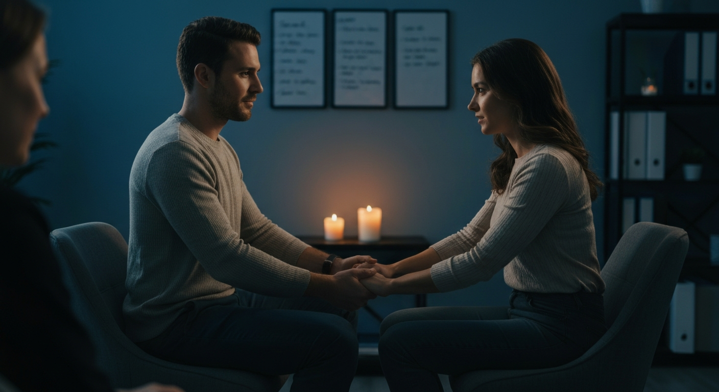 Couple holding hands during marital counselling session in Vancouver, with candles and supportive environment, emphasizing emotional connection and communication.