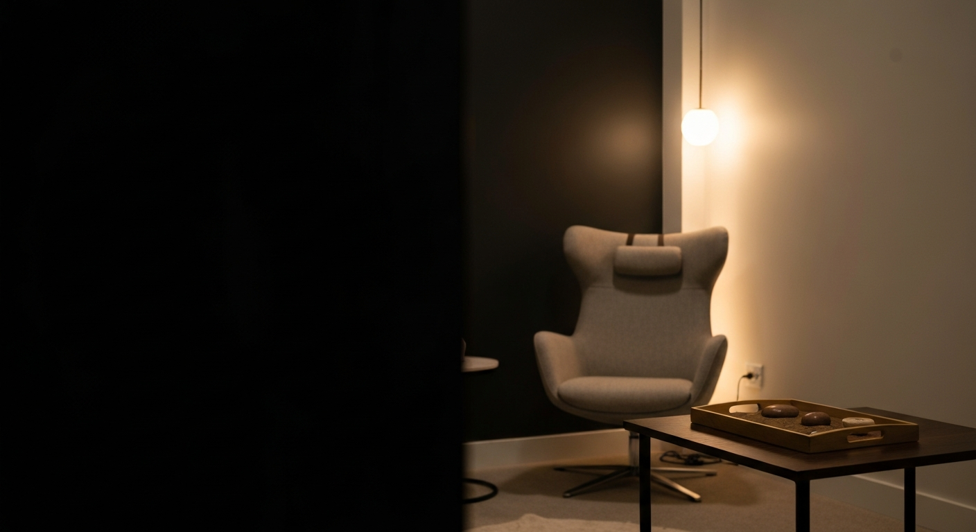 Cozy counselling room with a grey armchair, wooden table featuring decorative stones, and soft lighting, reflecting a calming environment for dissociative disorders counselling at Well Health Counselling in Vancouver.