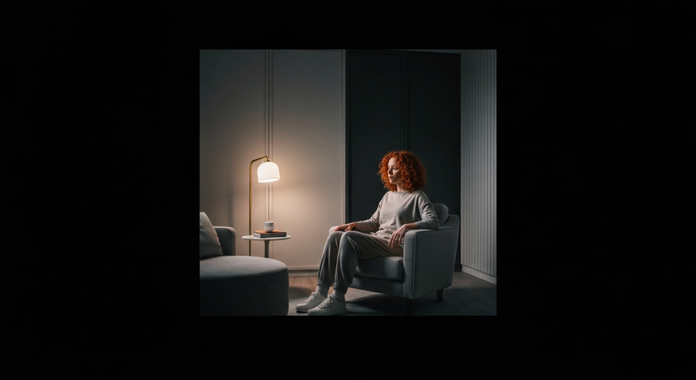 Woman sitting in a cozy armchair, wearing casual clothing, with a soft lamp illuminating a side table and a book, evoking a serene atmosphere for chronic stress counselling in Vancouver.