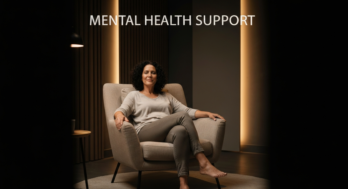 Woman seated in a comfortable chair, promoting mental health support, with soft lighting and a calm ambiance, emphasizing the importance of mental well-being and counselling services.