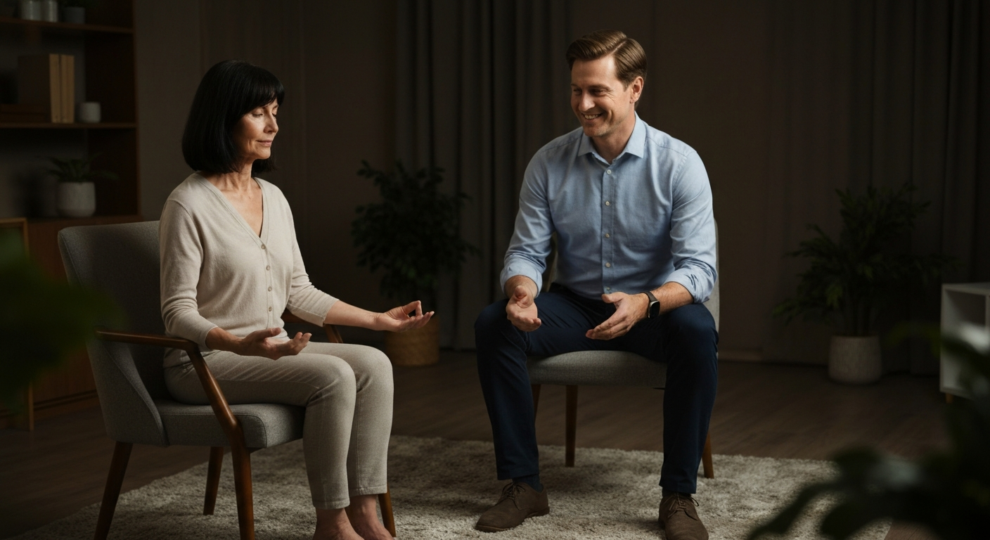 Counselling session between a male therapist and a female client, focusing on mental health and dissociative disorders in a warm, supportive environment.