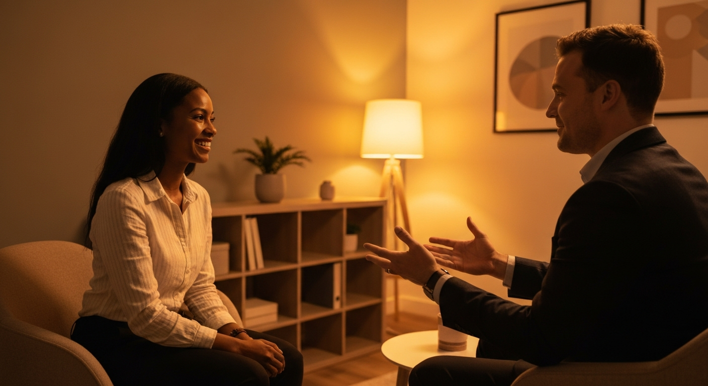 Two individuals engaged in a counseling session, a woman smiling and listening attentively while a man gestures expressively, in a warm, softly lit therapy room with modern decor, emphasizing emotional connection and communication in Emotionally Focused Therapy.