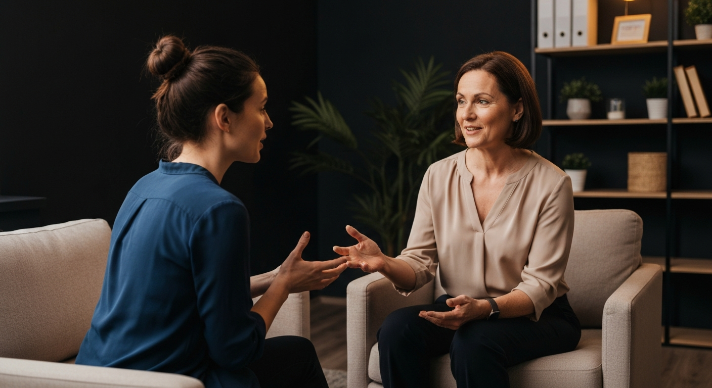 Two women engaged in a mental health counselling session, discussing personal challenges, in a cozy therapy setting with neutral colors and plants.