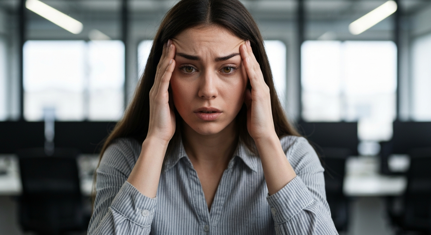 Woman with a stressed expression holding her head in an office setting, illustrating the impact of chronic stress on mental well-being.