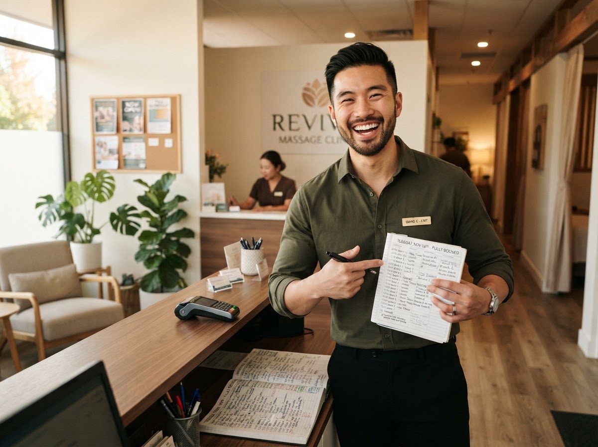Busy massage clinic reception with full appointment calendar