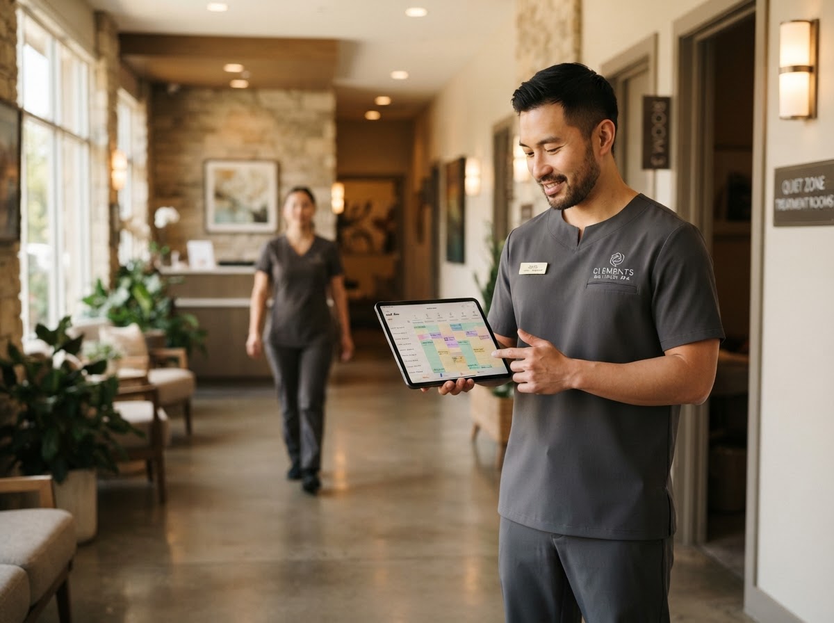 Male massage therapist checking staff schedules and appointments on a tablet