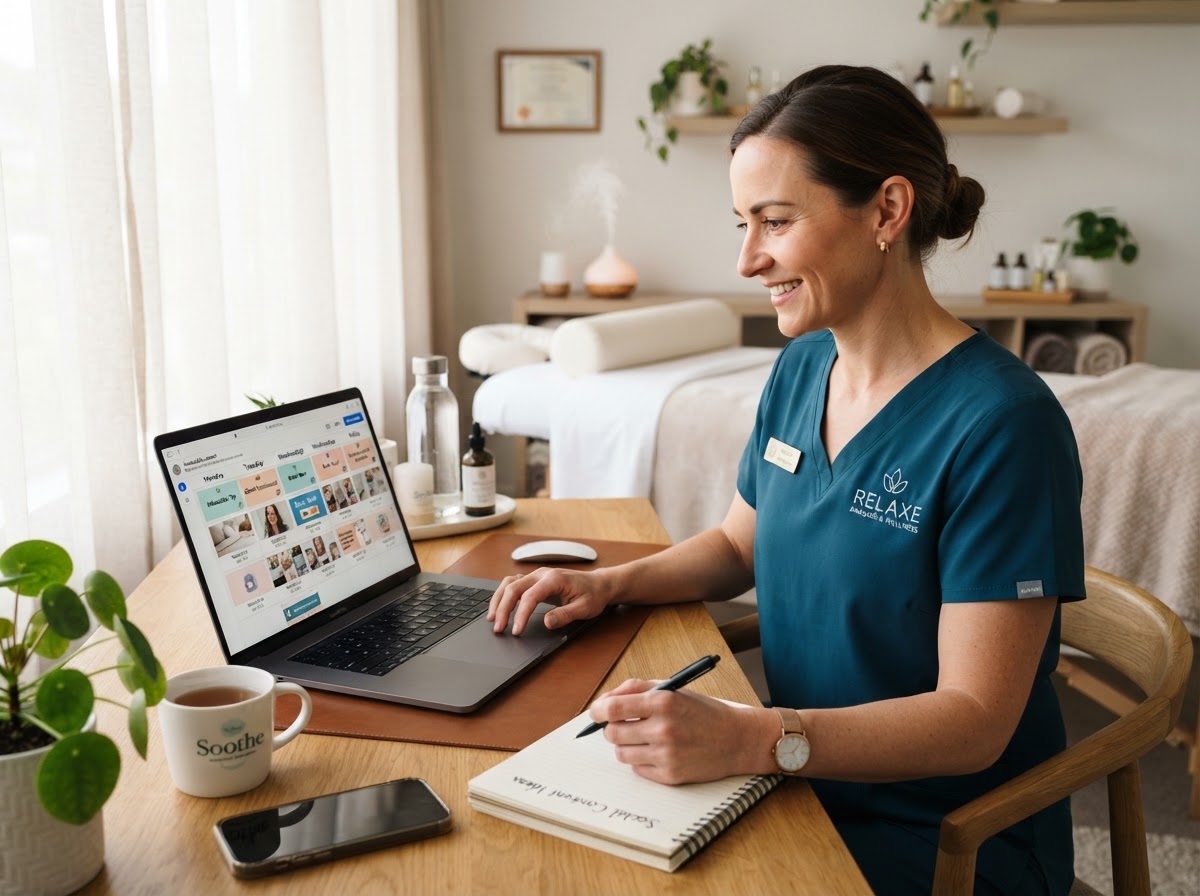 Massage therapist checking marketing campaign dashboard on phone