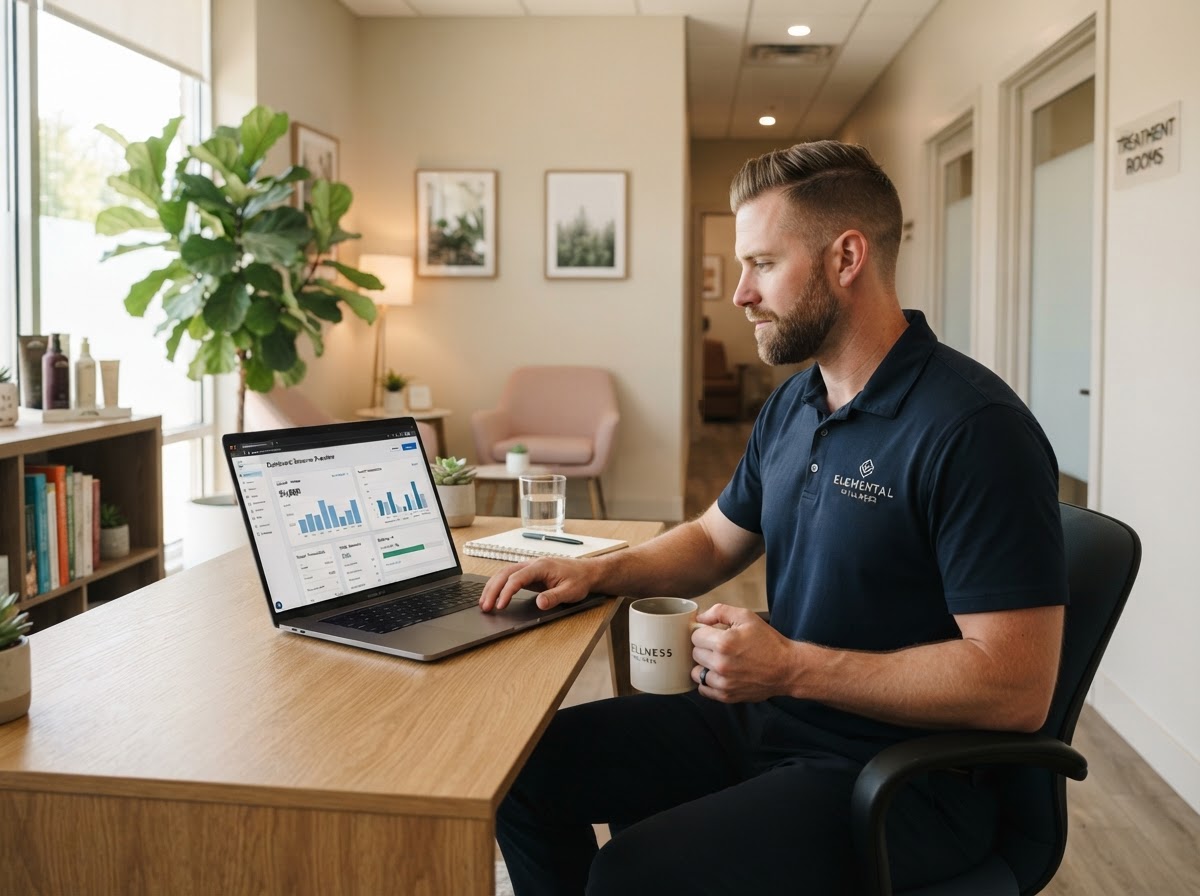 Male massage therapist reviewing payments and revenue on a laptop