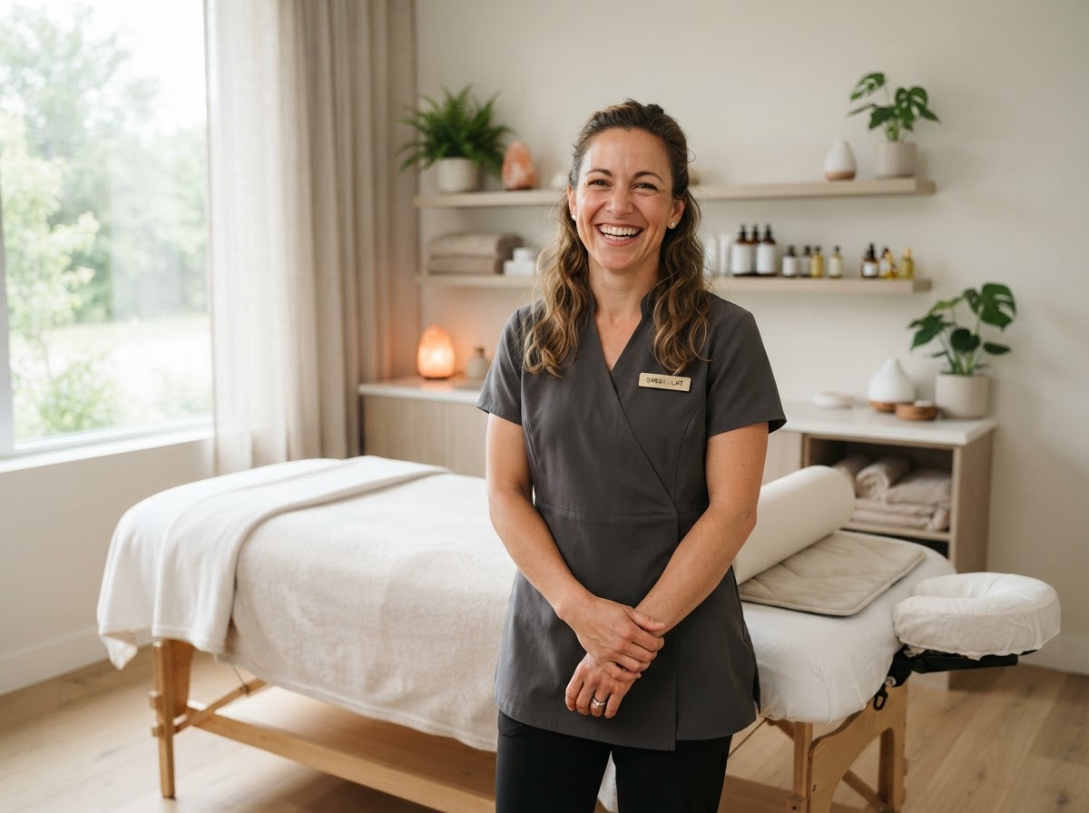 Happy massage therapist using MassageOS Business In A Box