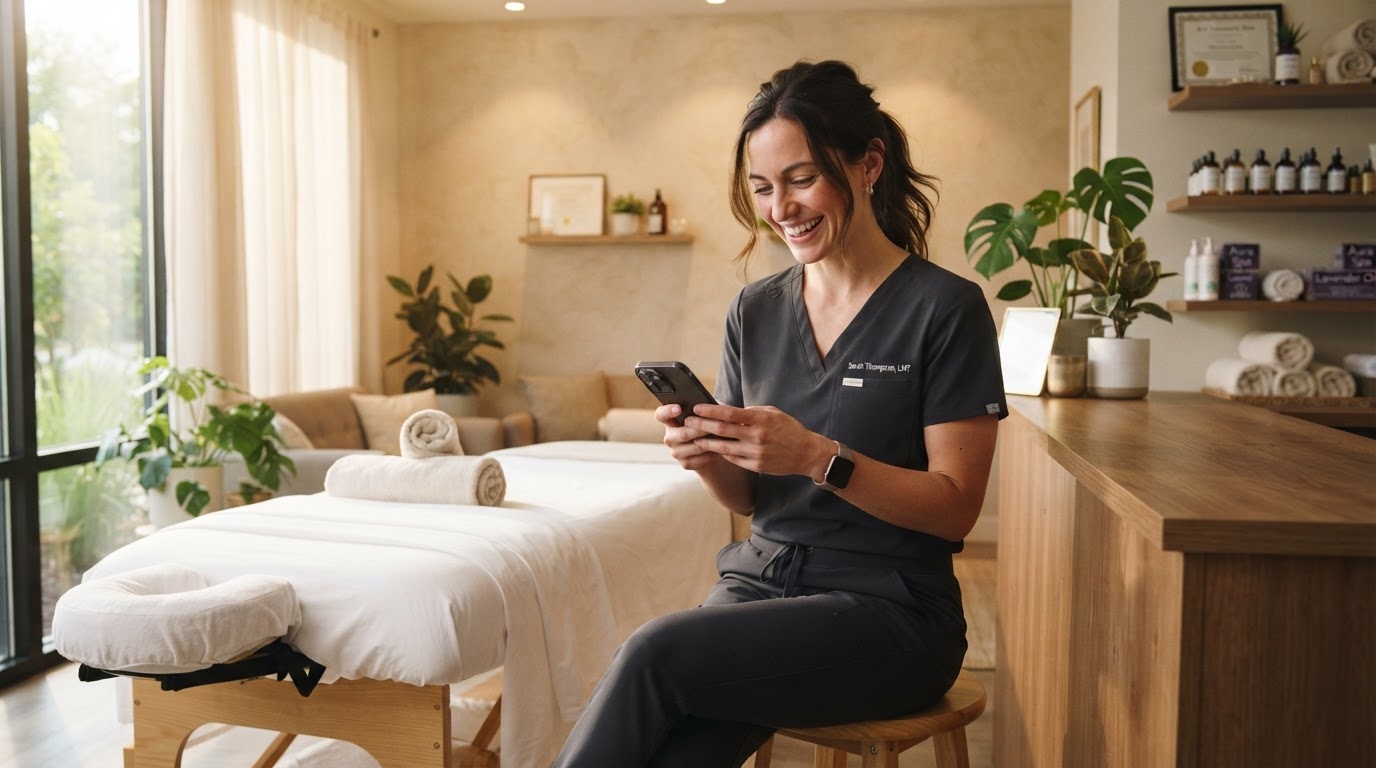 Female massage therapist engaging with her online community on a phone in a modern studio
