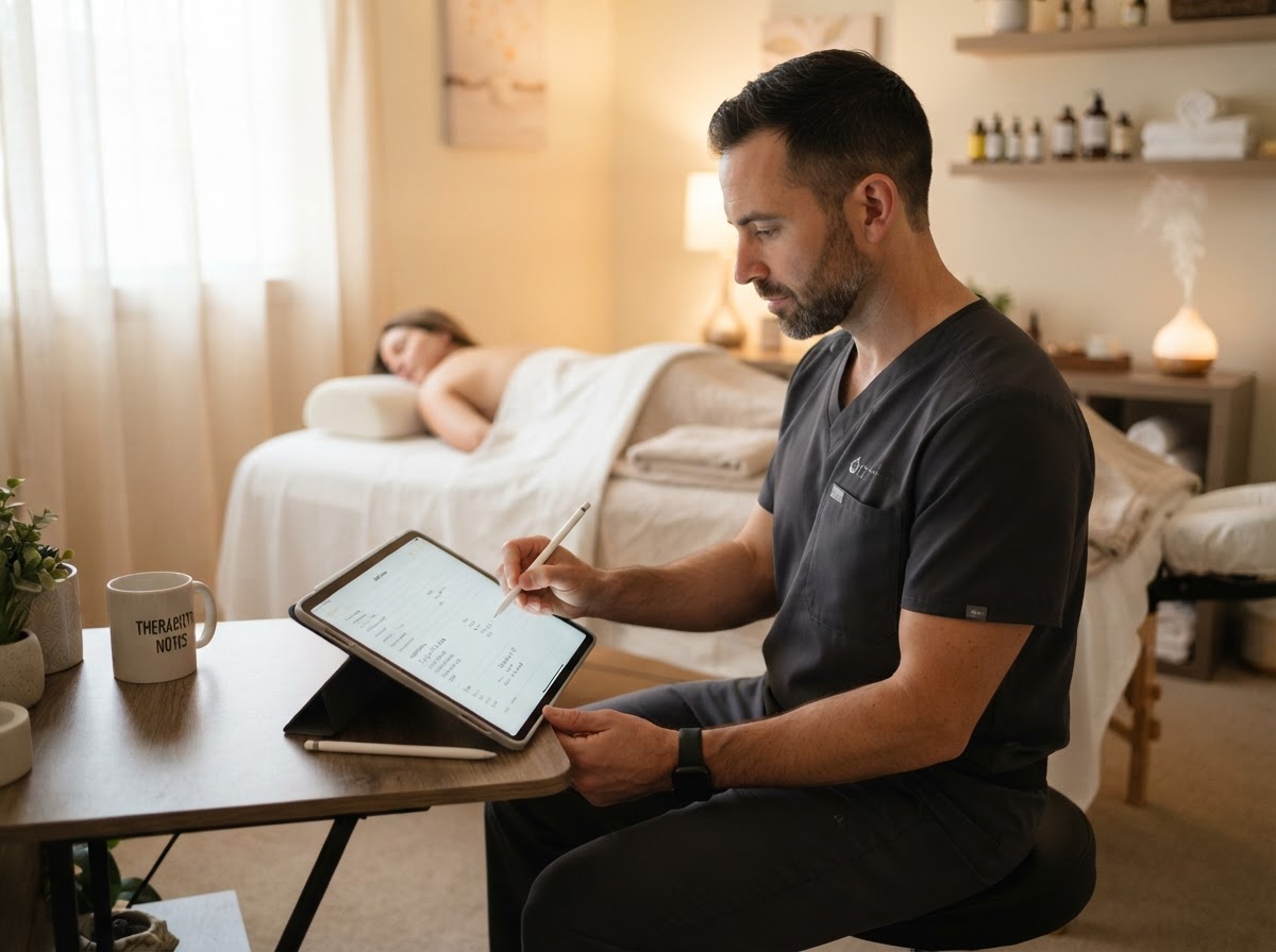 Male massage therapist writing digital SOAP notes on a tablet after treating a client