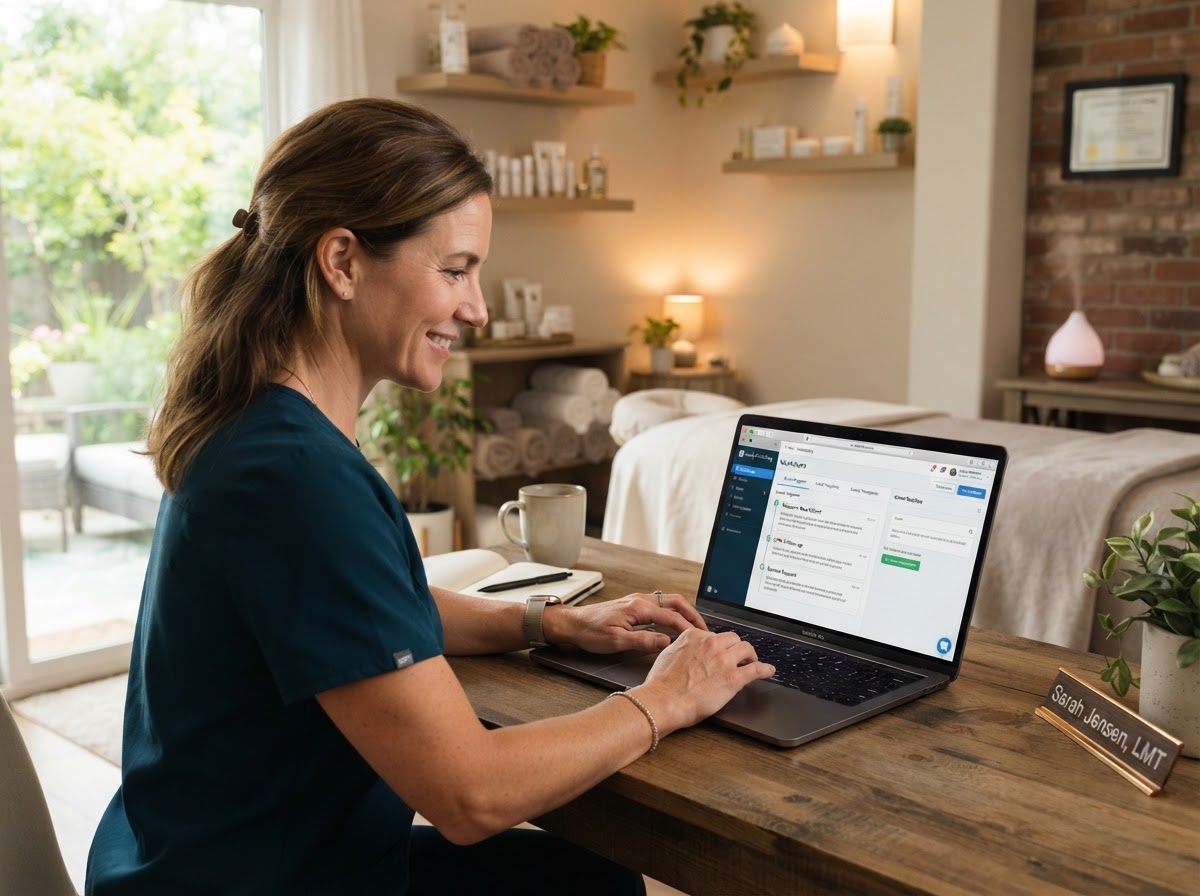 Massage therapist setting up automated workflow messages on a laptop