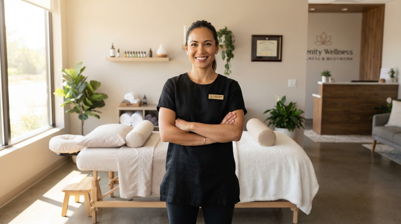 Confident female massage therapist standing in her modern massage clinic as a business owner