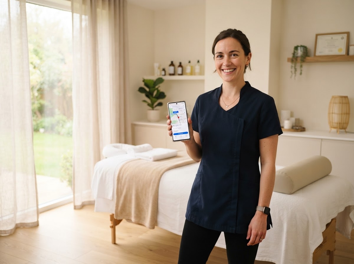 Massage therapist checking her Google Maps ranking and website on her phone