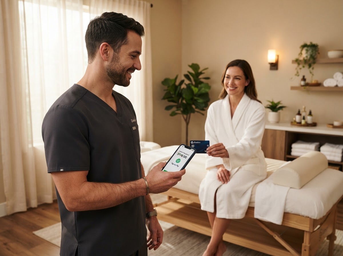 Male massage therapist using tap-to-pay contactless payment on his phone in a treatment room