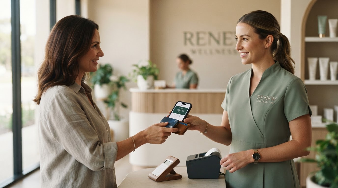 Massage therapist accepting a contactless Tap to Pay payment on her phone