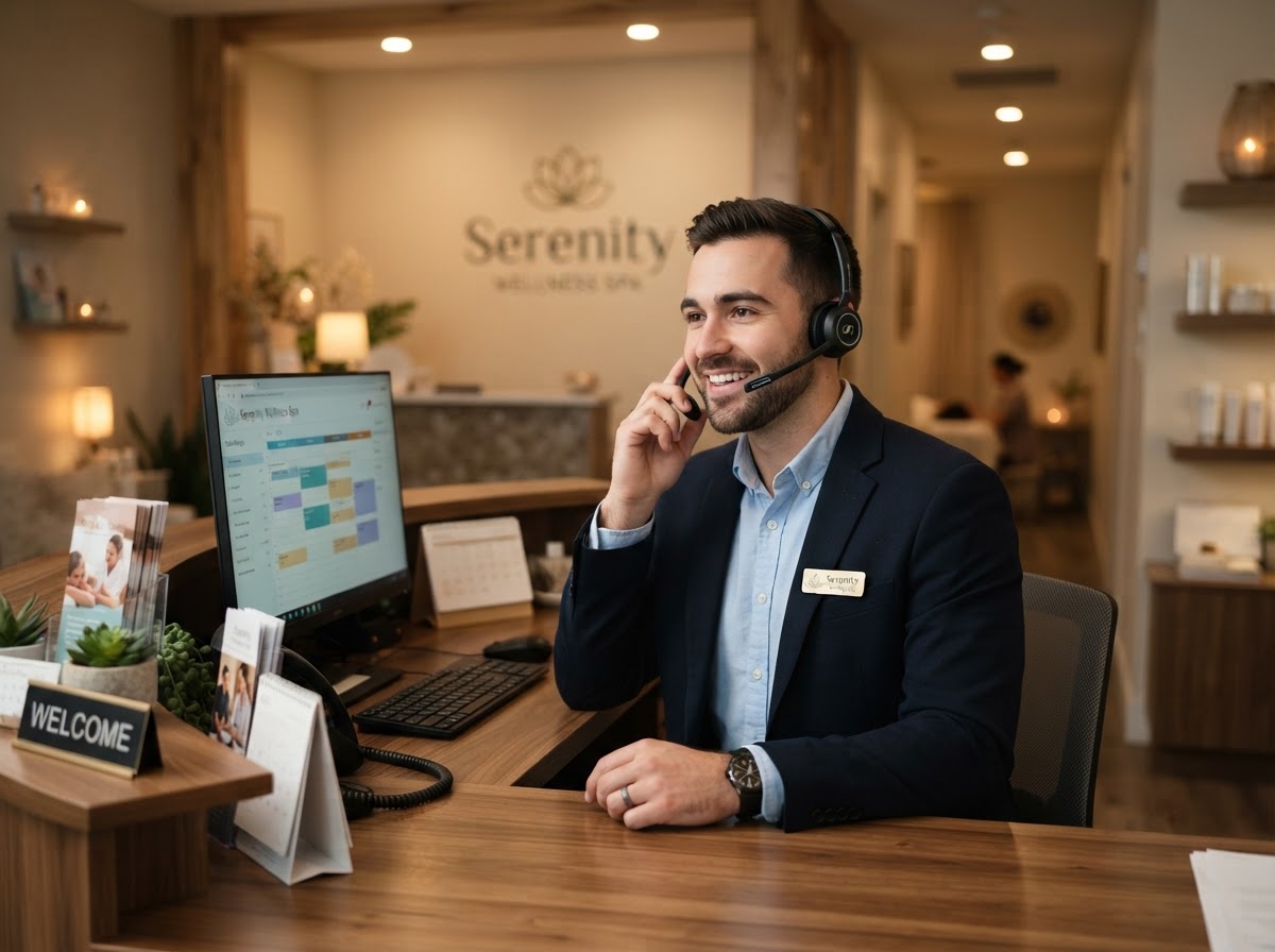 Massage therapist at desk with online bookings coming in