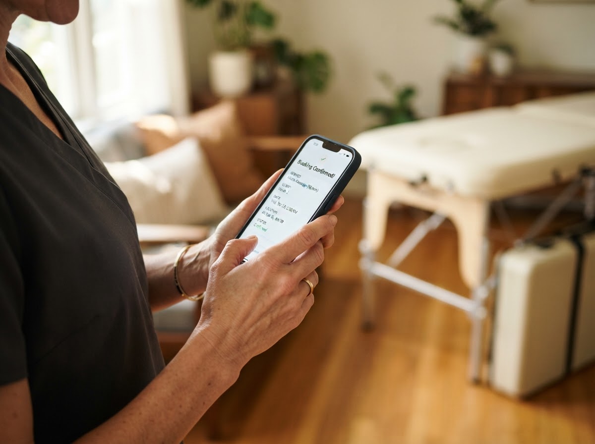 Mobile massage therapist checking a booking confirmation on her phone
