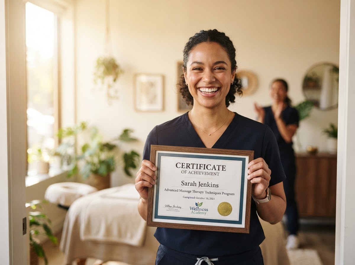 Massage therapist holding a course completion certificate in a wellness studio