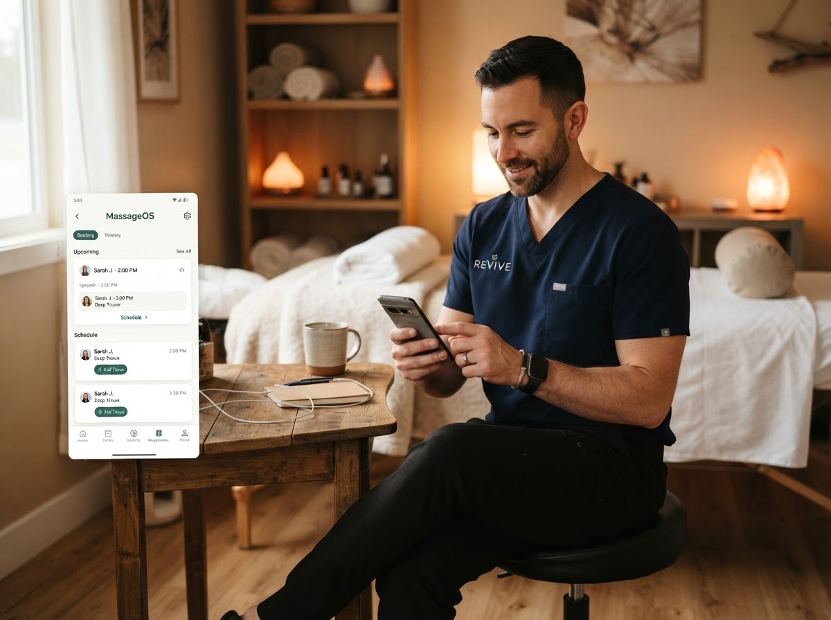 Male massage therapist using the MassageOS mobile app on his phone while sitting in his treatment room