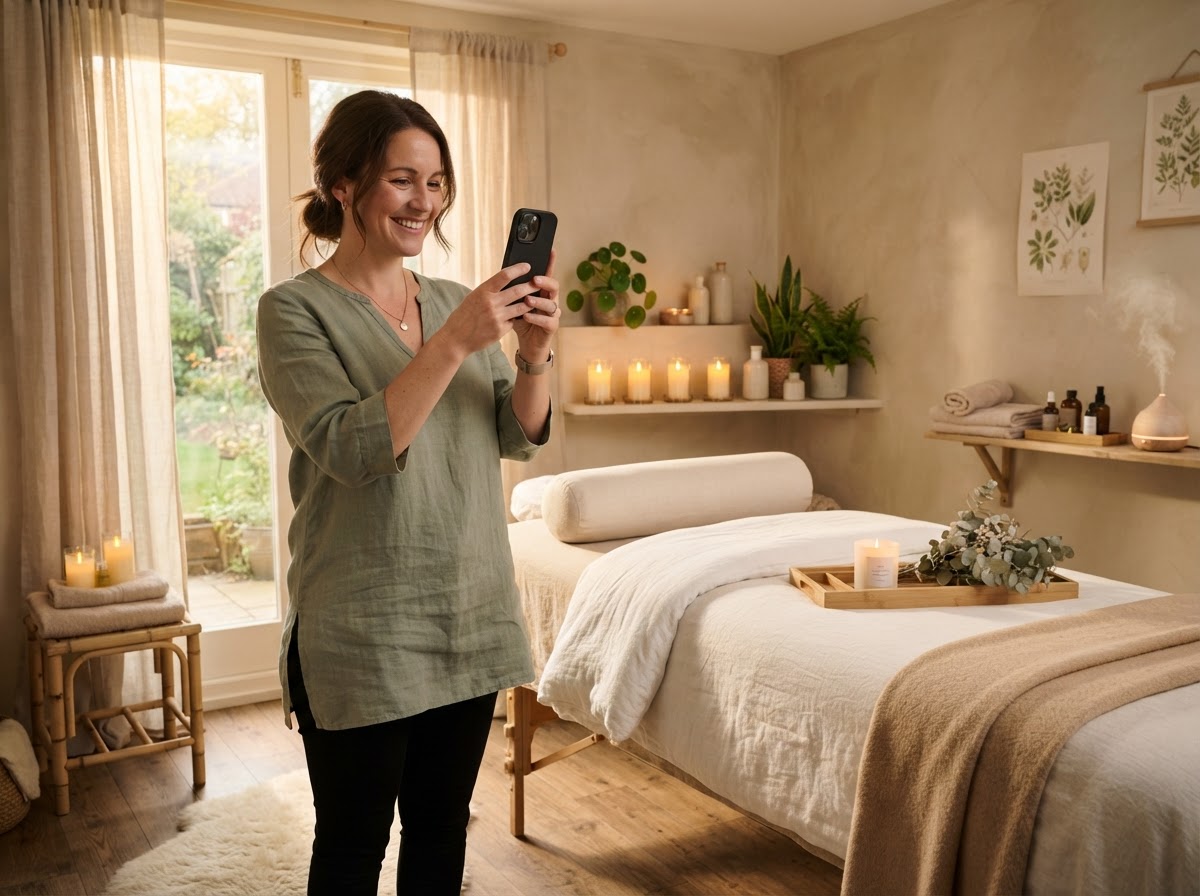 Massage therapist taking a photo of her beautiful treatment room