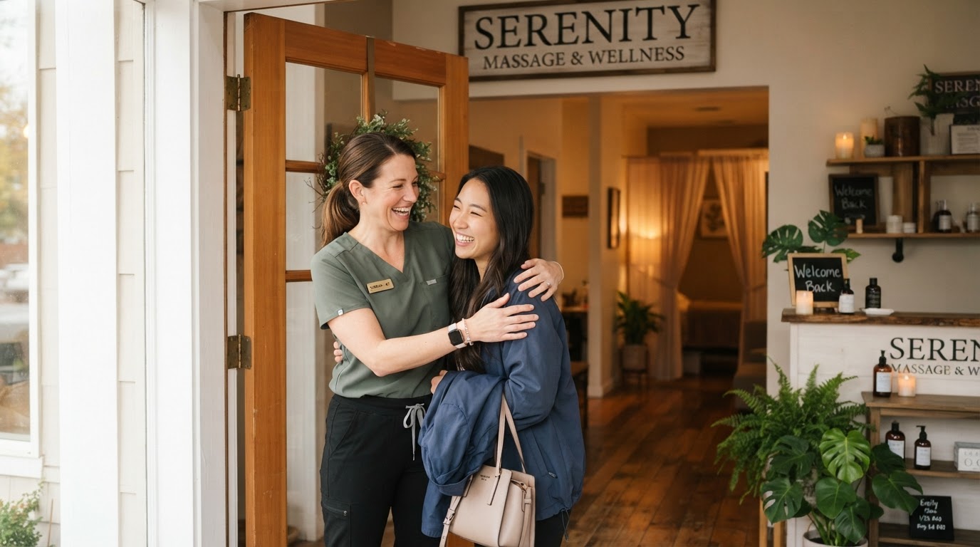 Female massage therapist warmly greeting a returning client at her studio door