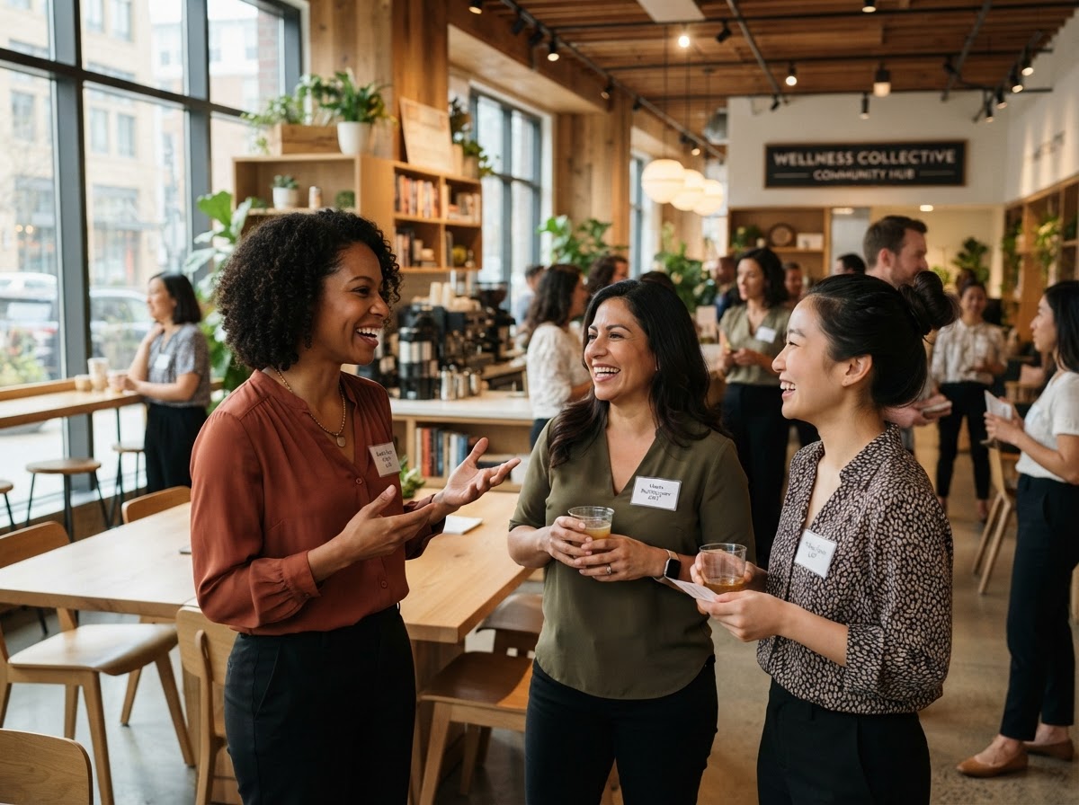 Group of massage therapists networking and connecting in a modern wellness co-working space