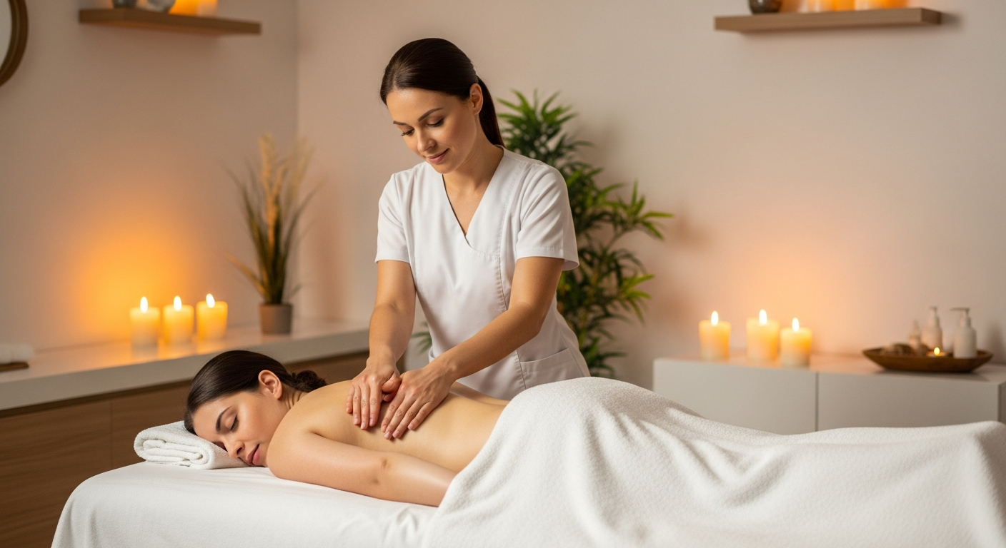 Professional female massage therapist and client
