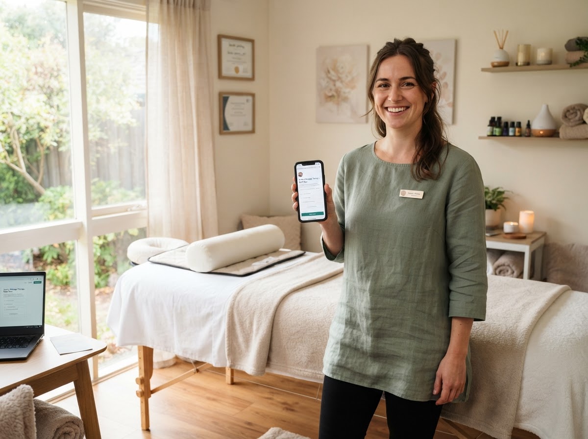 Massage therapist at desk with booking calendar