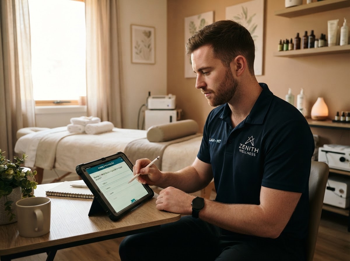 Male massage therapist taking a quiz on a tablet in a treatment room