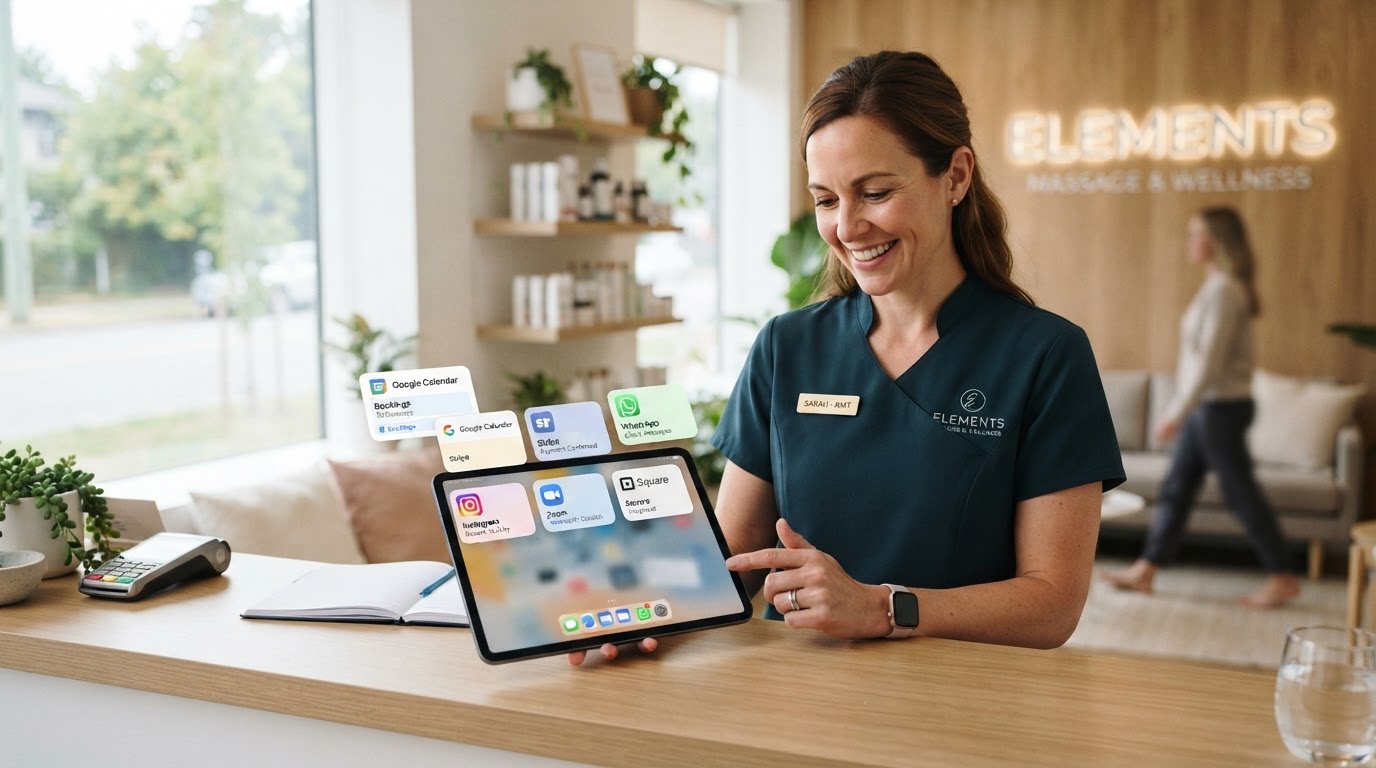 Massage therapist connecting apps and integrations on a tablet