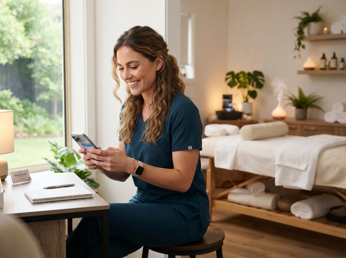 Massage therapist checking online booking page on phone