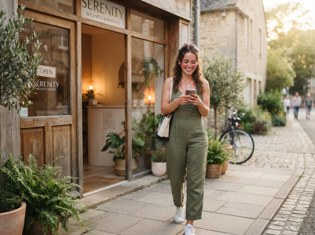 Happy massage client leaving the studio and checking her phone