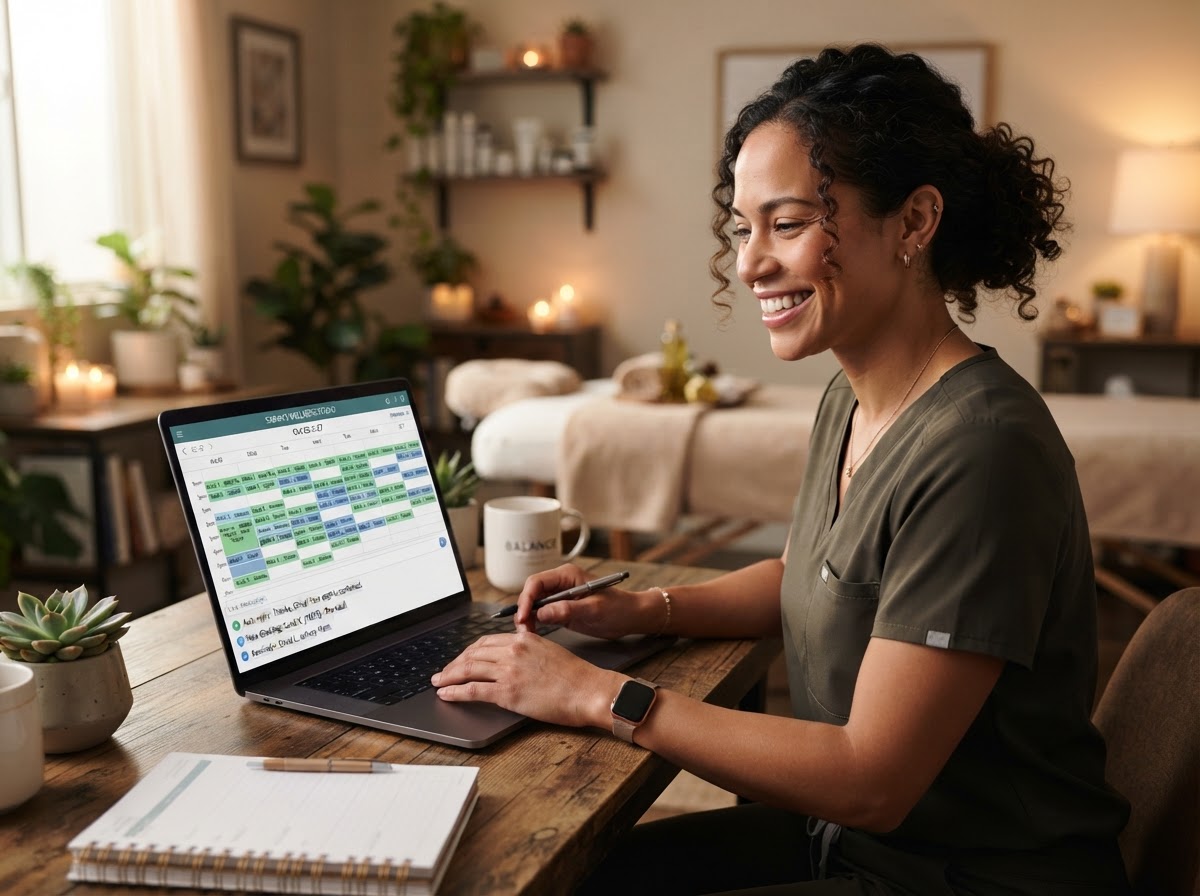 Happy massage therapist with a fully booked calendar and automated client messages flowing