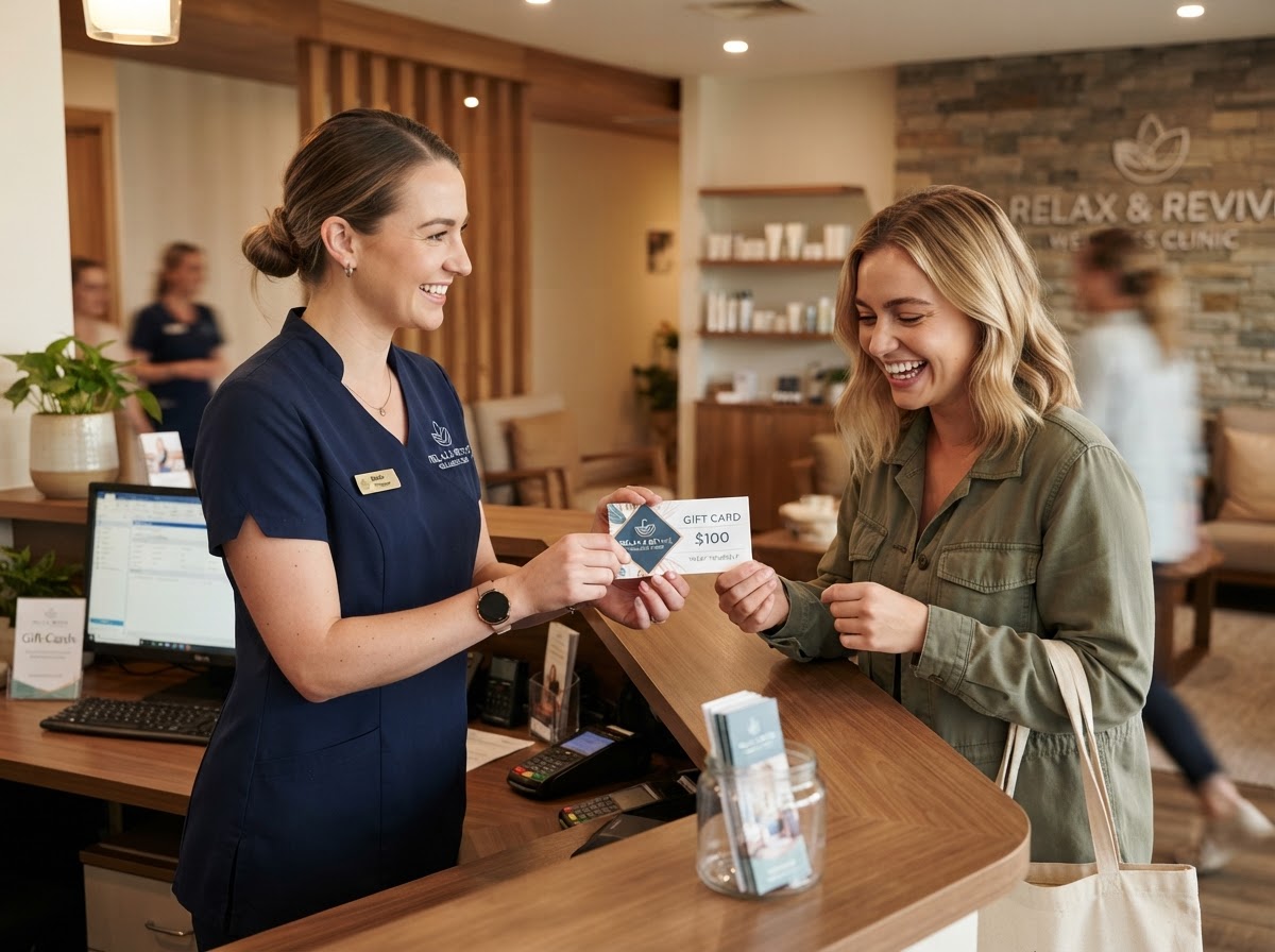 Female massage therapist handing a gift card to a happy client at the reception desk