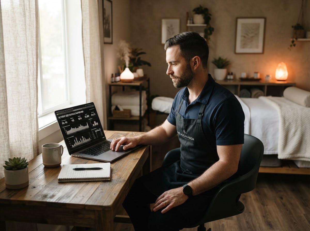 Male massage therapist reviewing his monthly revenue dashboard on a laptop