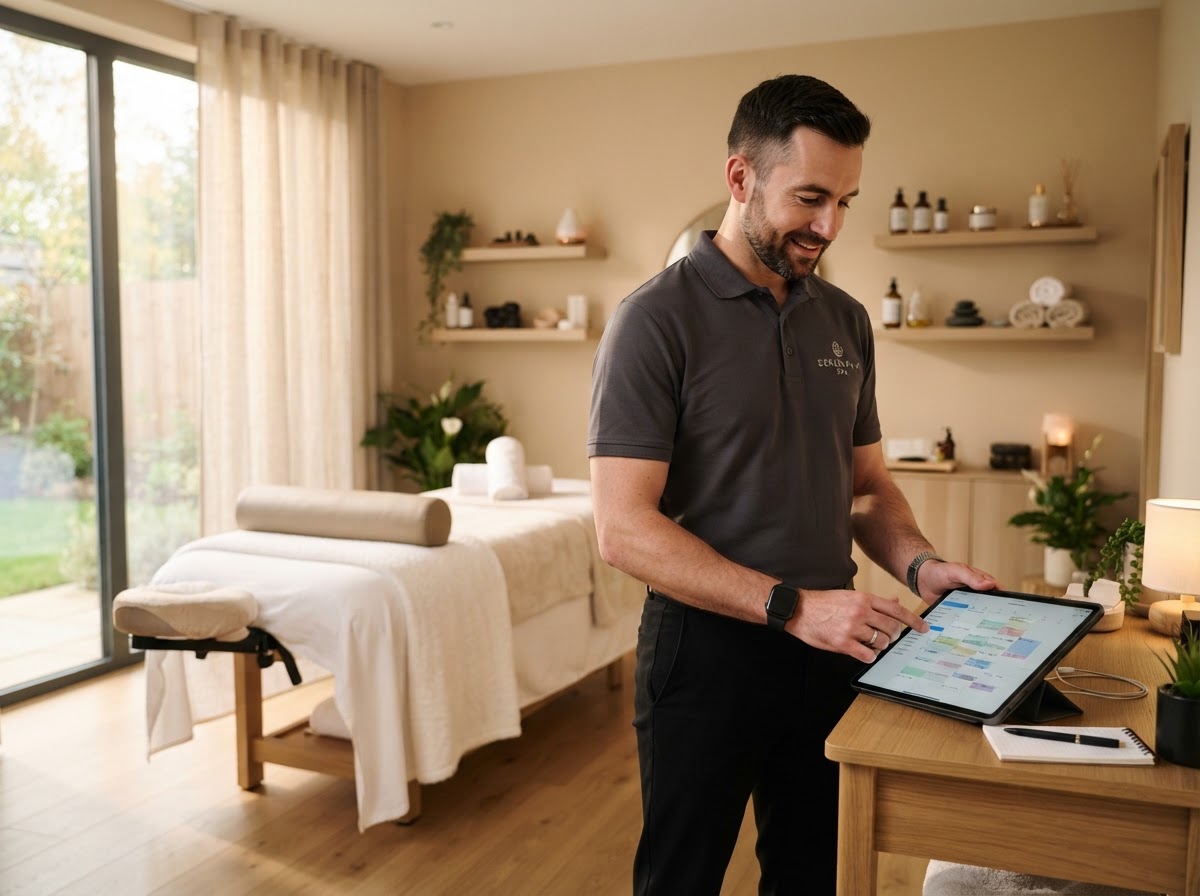 Massage therapist checking online booking calendar on phone