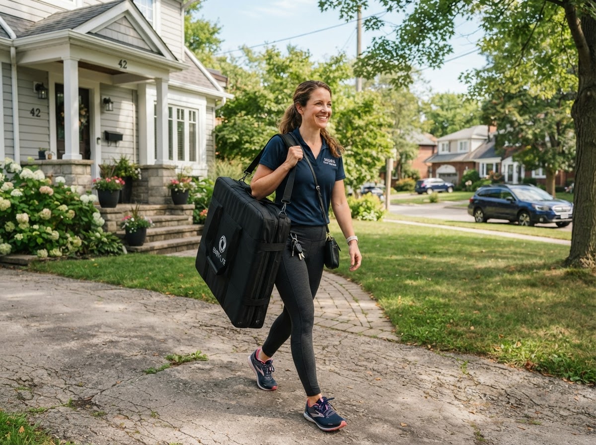Mobile massage therapist carrying her portable massage table to a client's home
