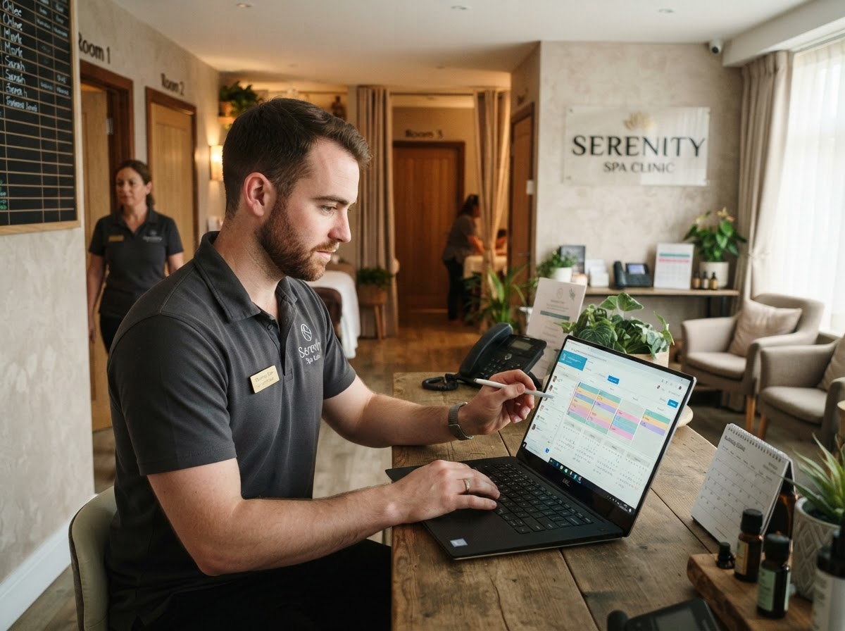 Male massage therapist managing staff schedules and team calendars on a laptop in a multi-room spa