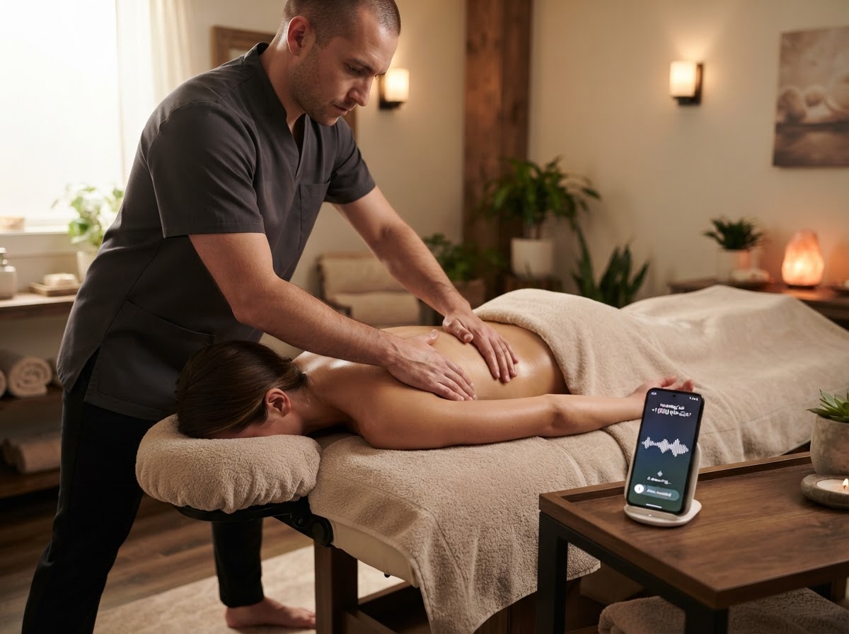Male massage therapist treating a client while AI answers his phone
