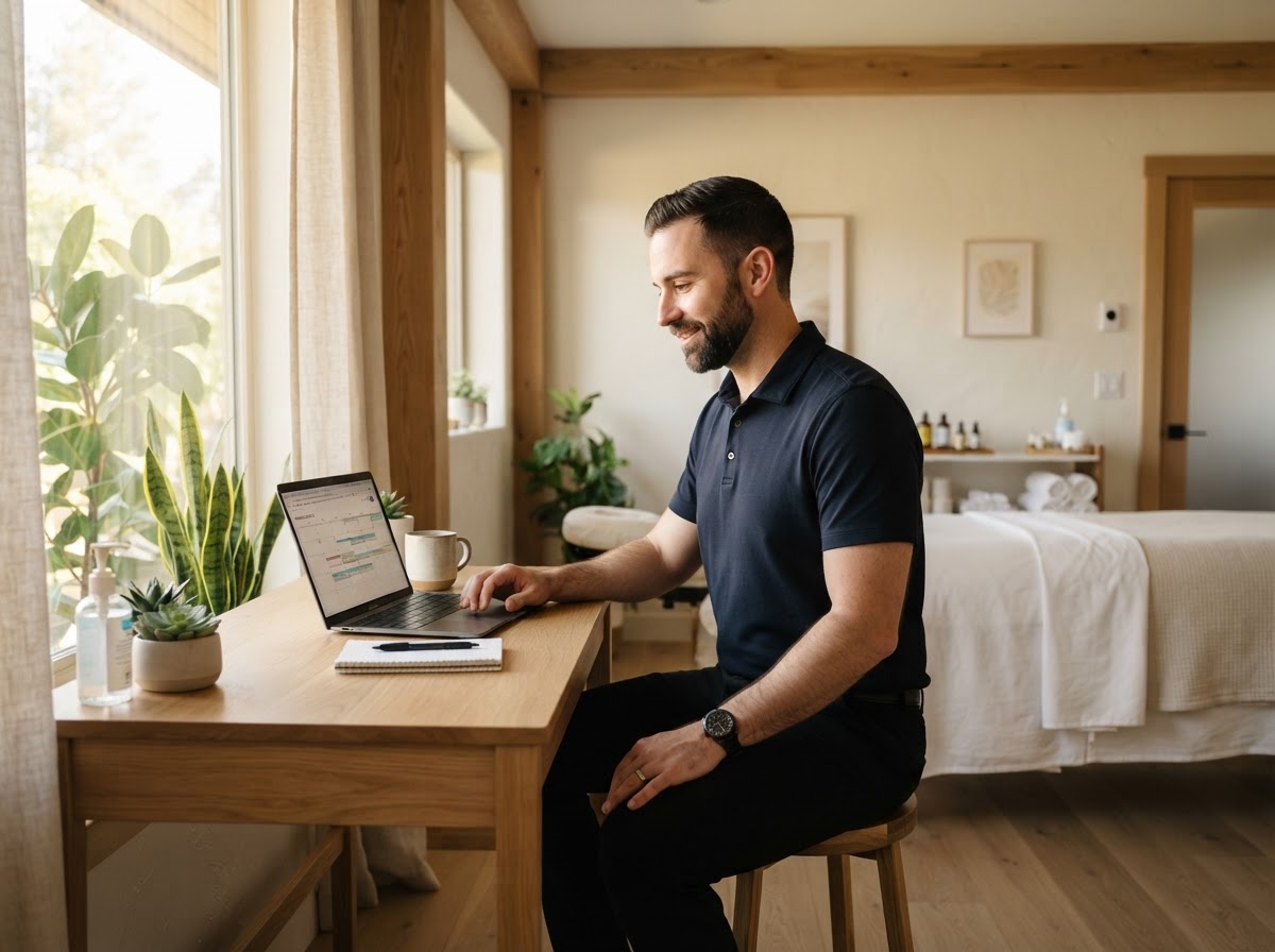 Massage therapist managing Google Business Profile on his laptop