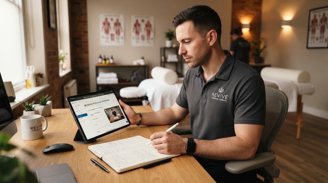Male massage therapist reviewing online course modules on a tablet