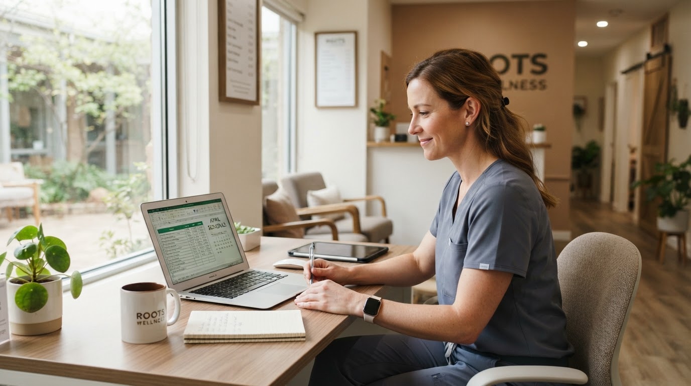 Female massage therapist reviewing staff schedules and business reports on a laptop